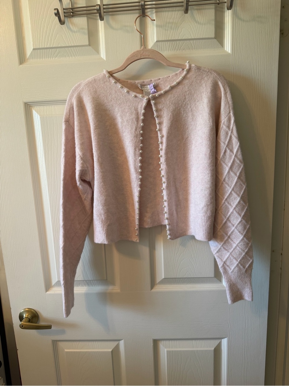 Design History Light Pink Pearl-Trim Cropped Cardigan